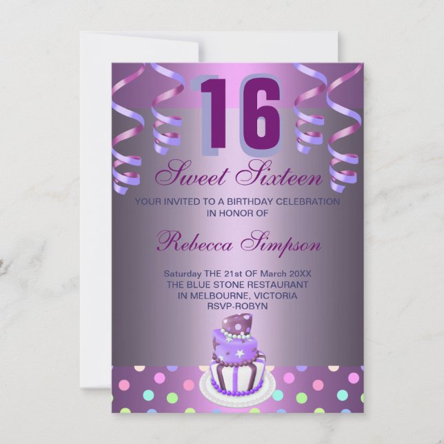 Purple Streamers & Cake Sweet 16 Birthday Invite (Front)