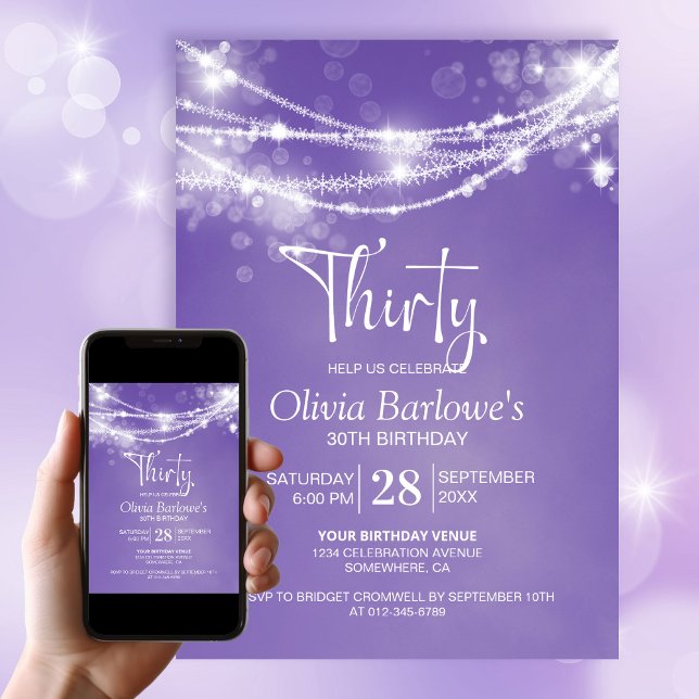 Purple String Lights 30th Birthday Party Invitation (Creator Uploaded)