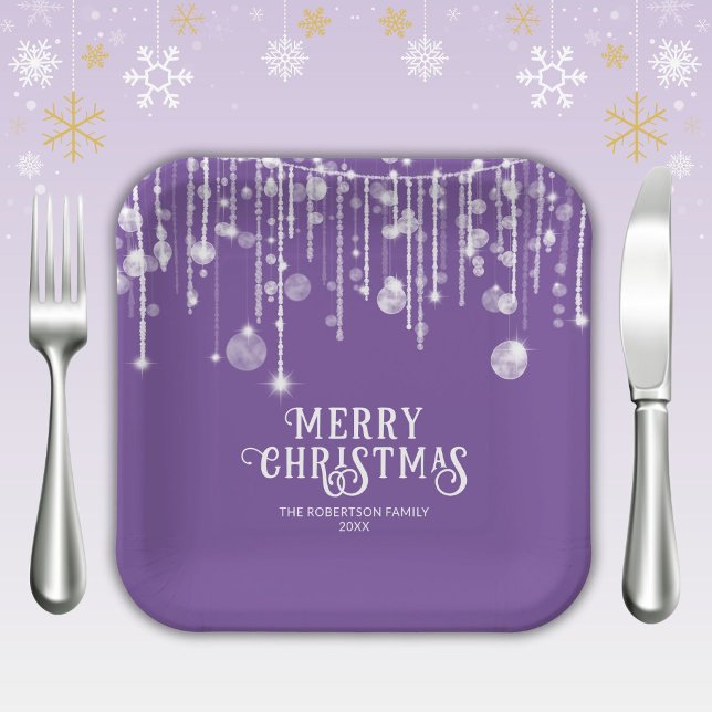Purple String Lights Christmas Party Paper Plate (Creator Uploaded)