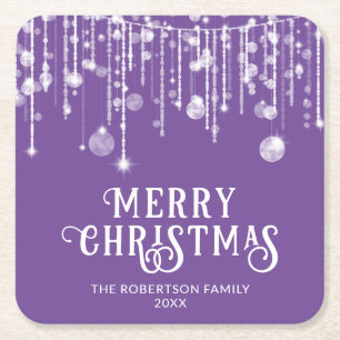 Purple String Lights Christmas Party Square Paper Coaster