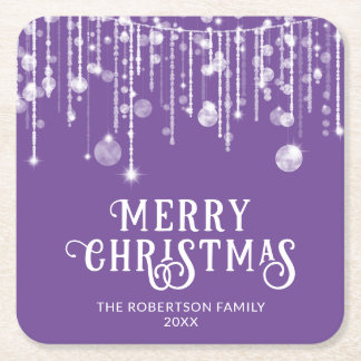 Purple String Lights Christmas Party Square Paper Coaster