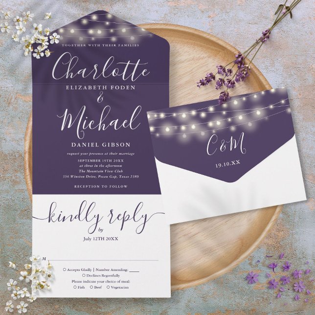 Purple String Lights Elegant Script Wedding All In One Invitation (Purple String Lights Elegant Script Wedding All In One Invitation)