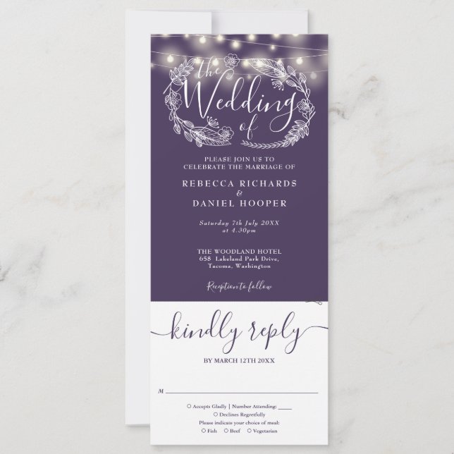 Purple String Lights Floral All In One Wedding Invitation (Front)