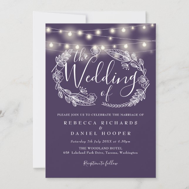 Purple String Lights Floral Script Wedding Invitation (Front)
