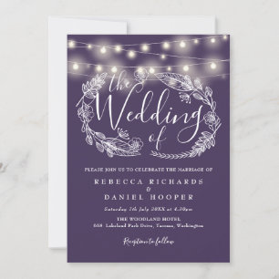 Purple String Lights Floral Script Wedding Invitation