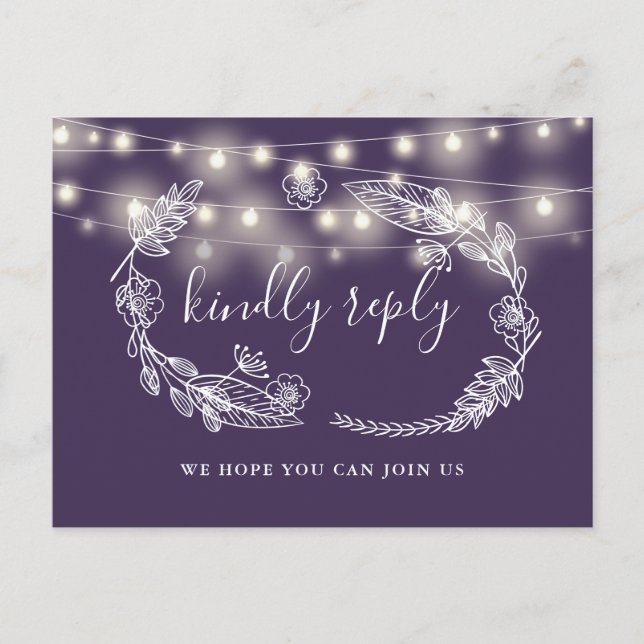 Purple String Lights Floral Song Request RSVP Card (Front)