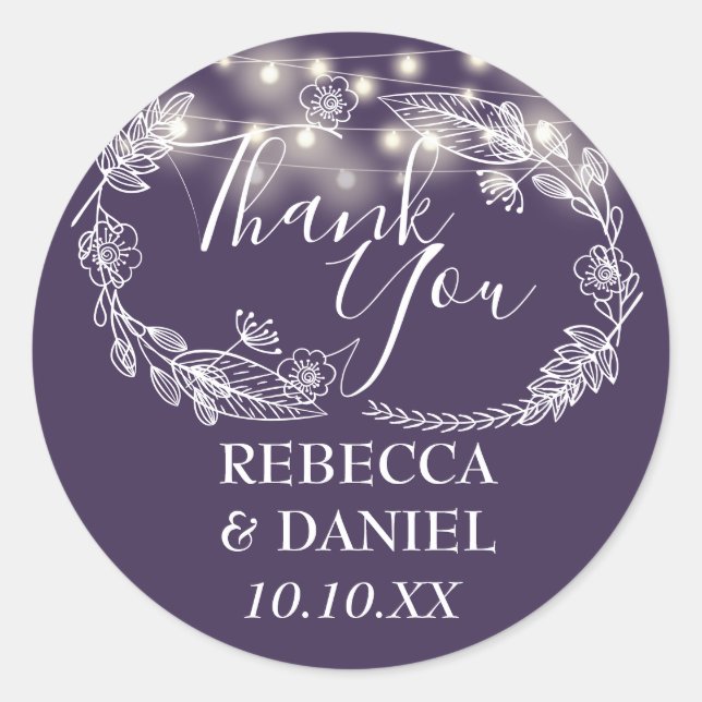 Purple String Lights Floral Thank You Classic Round Sticker (Front)