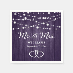 Purple String Lights Hearts Rustic Wood Wedding Napkin