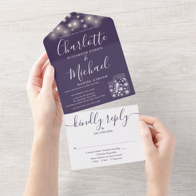 Purple String Lights Mason Jars Wedding All In One Invitation (Tearaway)