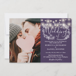 Purple String Lights Photo All In One Wedding Invitation