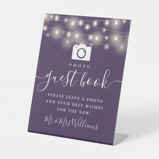 Purple String Lights Photo Guest Book Pedestal Sign (Front)