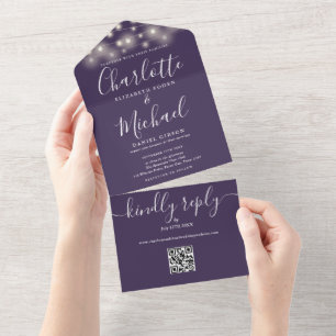 Purple String Lights QR Code Monogram Wedding All In One Invitation