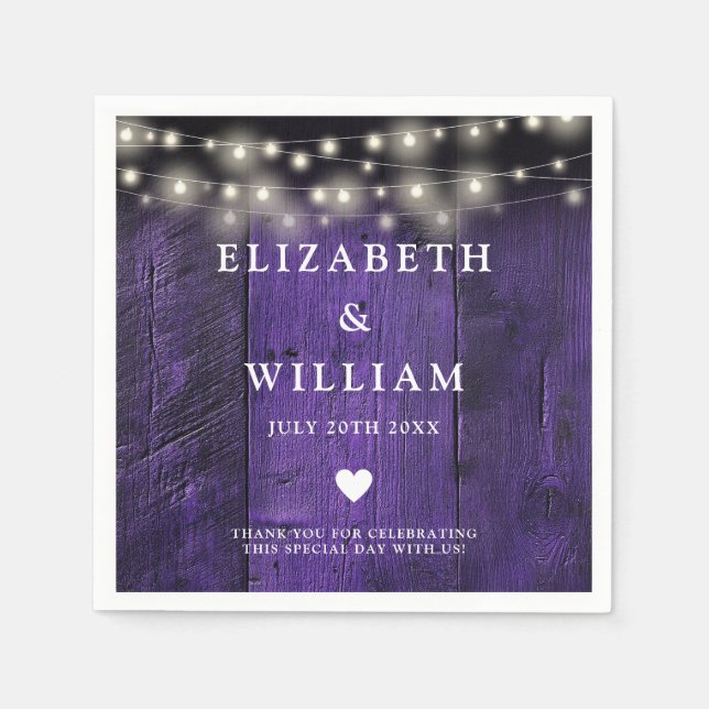 Purple String Lights Rustic Wood Boho Barn Wedding Napkin (Front)