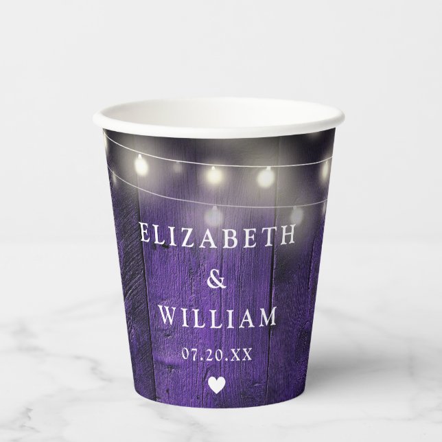 Purple String Lights Rustic Wood Boho Barn Wedding Paper Cups (Front)