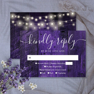 Purple String Lights Rustic Wood Western Wedding RSVP Card