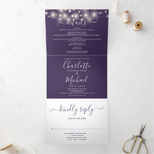 Purple String Lights Script Monogram Wedding Tri-Fold Invitation