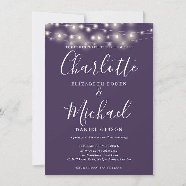 Purple String Lights Script Photo Wedding  Invitation (Front)