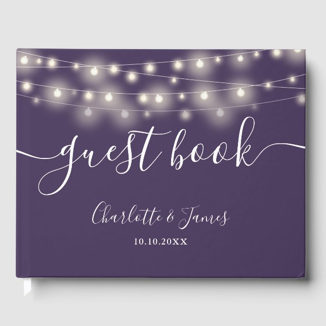 Purple String Lights Signature Script Wedding Guest Book (Front)