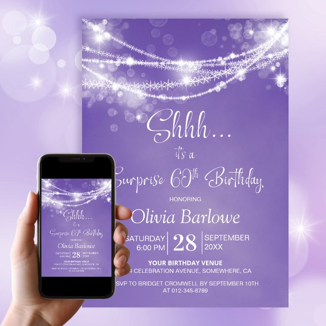 Purple String Lights Surprise 60th Birthday Party Invitation (Creator Uploaded)
