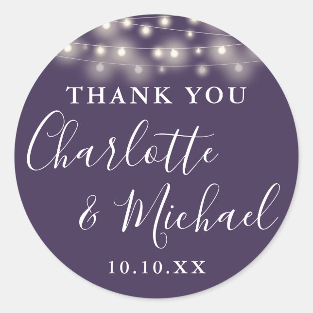 Purple String Lights Wedding Favour Thank You  Classic Round Sticker (Front)