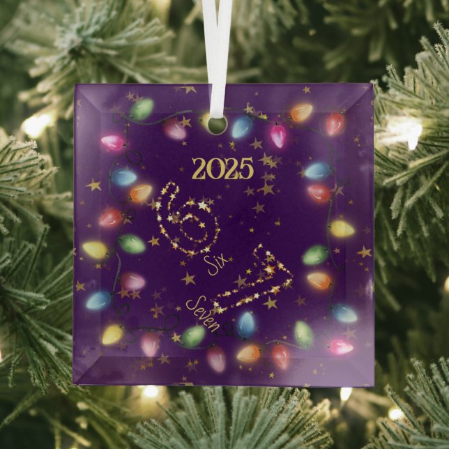 Purple String of Christmas Lights Gold Star 6 7  Glass Ornament (Insitu)