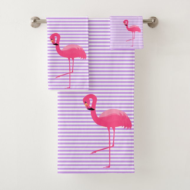 PURPLE STRIPE FLAMINGO BATHROOM TOWEL SET (Insitu)