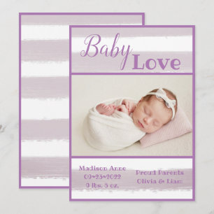 Purple Stripe Photo Baby Love Script Birth Announcement