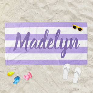 Purple Stripe Script Monogram Name Beach Towel