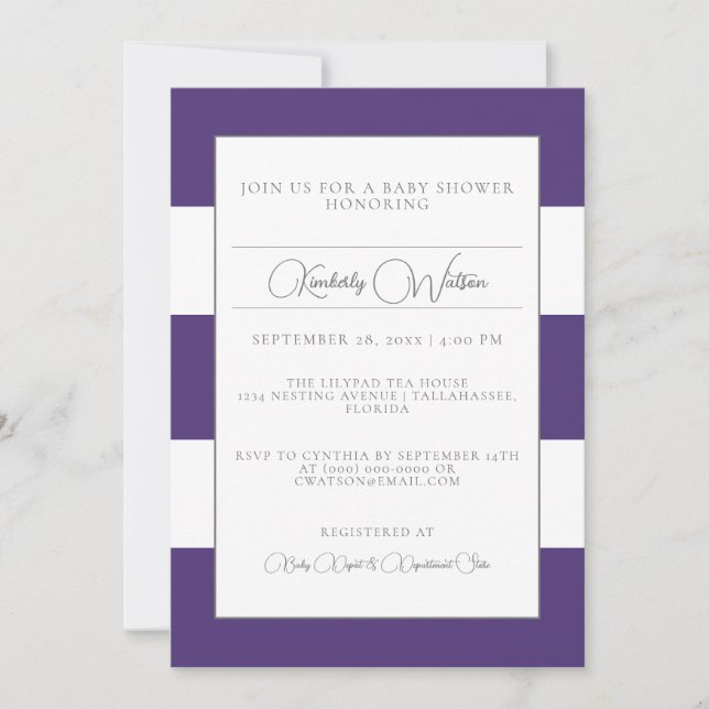 Purple Striped Baby Shower Invitation (Front)