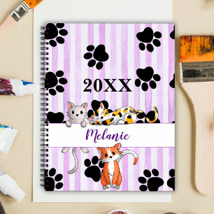 Purple striped background kittens & paws customize planner