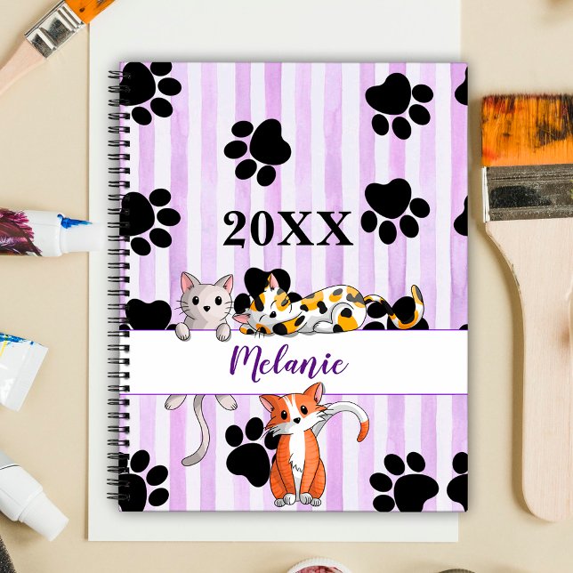 Purple striped background kittens & paws customize planner (Creator Uploaded)