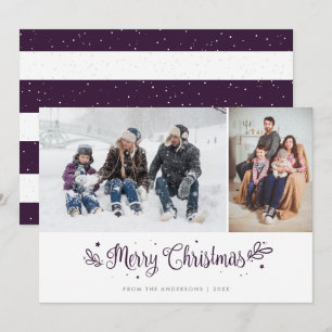 Purple Striped Calligraphy Christmas Photo Cards