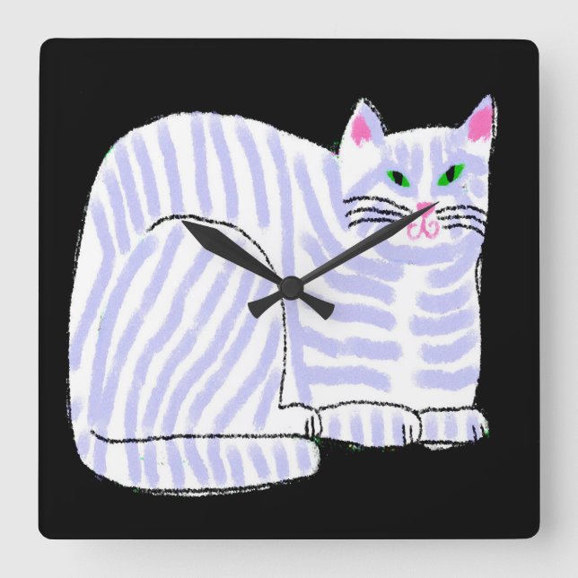 Purple Striped Cat Abstract Art Square Wall Clock (Front)
