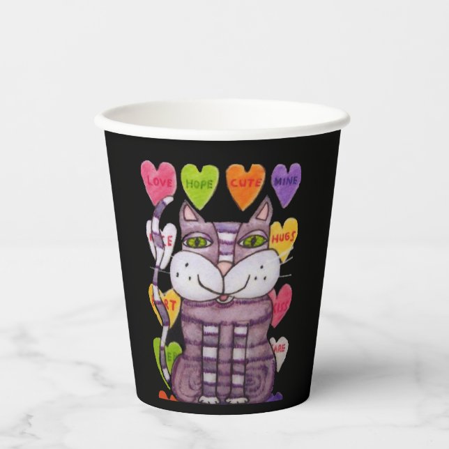 Purple Striped Cat Green Eyes Candy Hearts Black Paper Cups (Front)