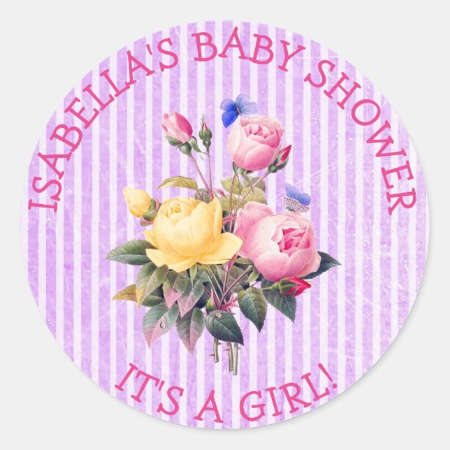 Purple Striped Floral Chic Baby Shower Stickers (Front)