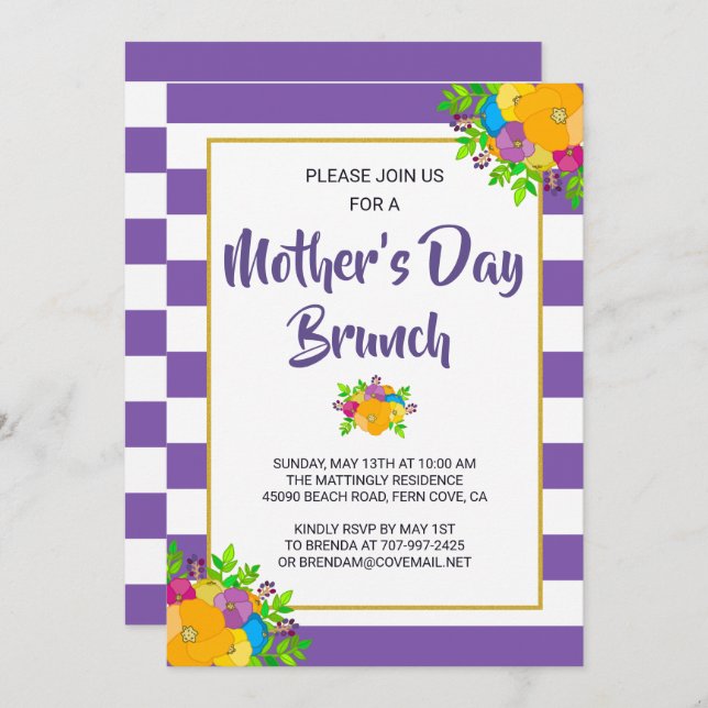 Purple Striped Floral Mother's Day Brunch Invite (Front/Back)