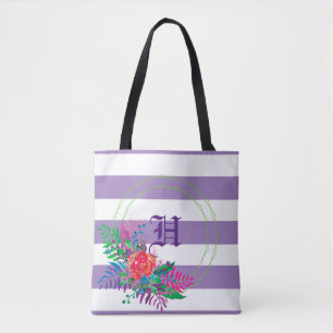 purple striped floral personalized tote bag