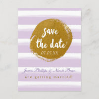 Purple Striped & Gold Foil Save The Date Postcard