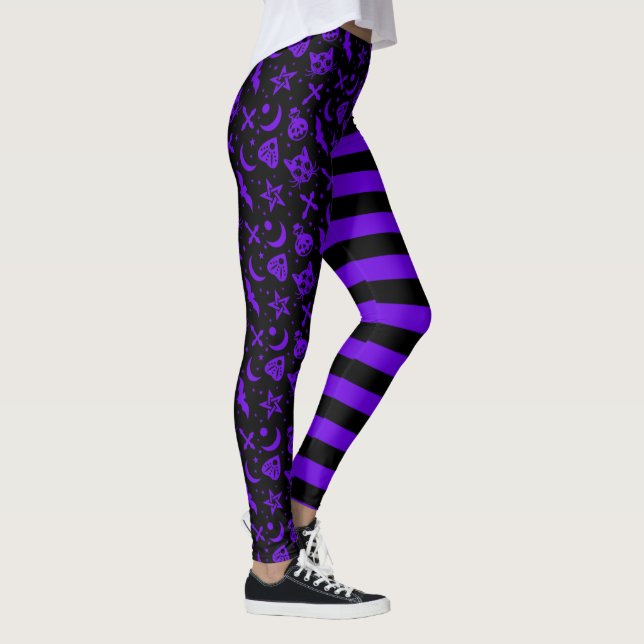 Purple Striped Halloween Spooky Witch Cat Leggings (Right)