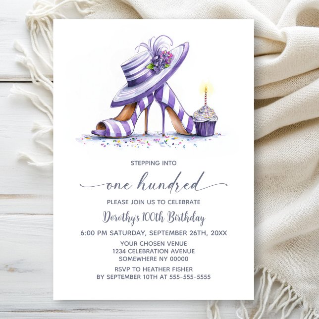 Purple Striped High Heel Shoes 100th Birthday Invitation (Creator Uploaded)
