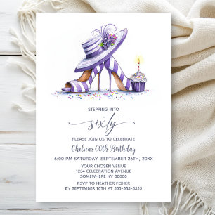 Purple Striped High Heel Shoes 60th Birthday Party Invitation