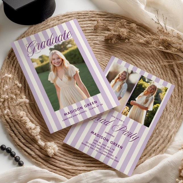 Purple Striped Preppy Graduation Invitation (Creator Uploaded)