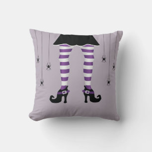Purple Striped Witch Legs And Spiders Halloween Throw Pillow