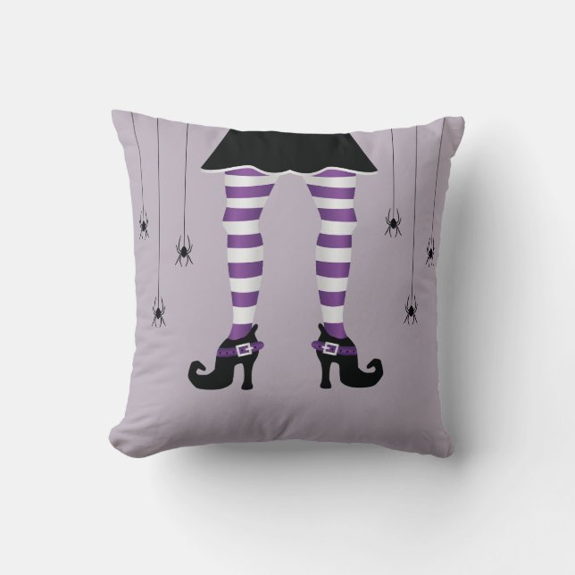 Purple Striped Witch Legs And Spiders Halloween Throw Pillow (Front)