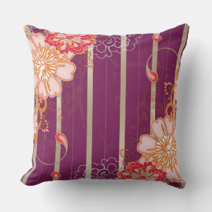 Purple Stripes and Big Flowers Throw Pillow