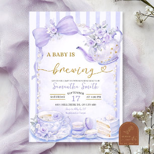 Purple Stripes Baby is Brewing Baby Shower Invitation