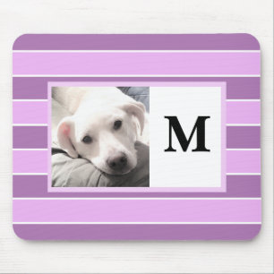 Purple Stripes Custom Initial One Photo Cute Dog Mouse Pad
