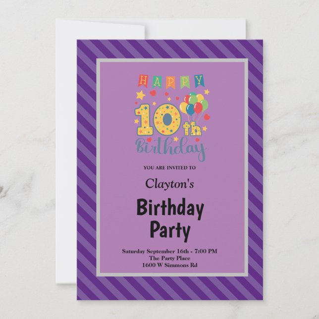 Purple Stripes Framed 10th Birthday Party Invitation (Front)