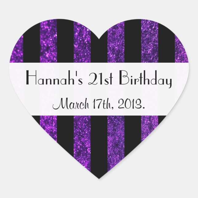 Purple Stripes, Glitter Stripes, Lines, Birthday Heart Sticker (Front)