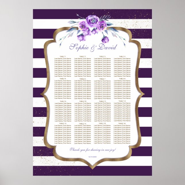 Purple Stripes Gold Violet Eustoma Seating Chart (Front)